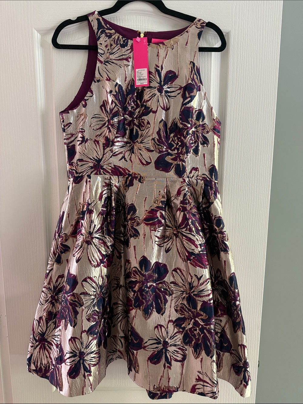 Lilly Pulitzer Metallic Floral Fit-and-Flare Dress in Purple and Cream